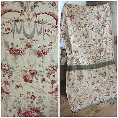Floral Curtain Antique French LINEN hand block printed panel STUNNING Rococo