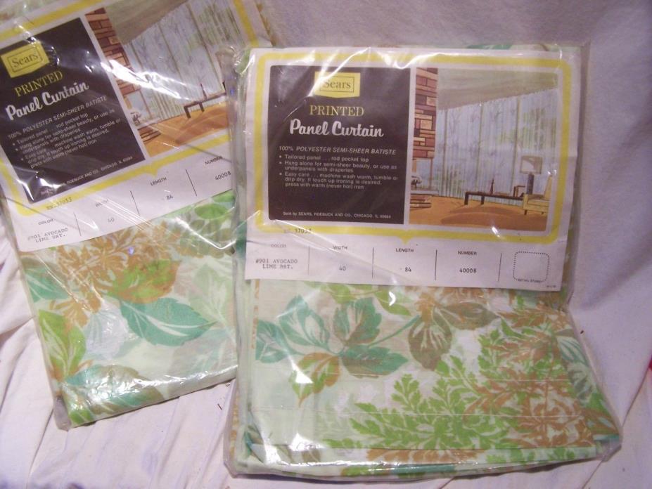 VINTAGE SEARS SEMI SHEER LEAF GREEN  AVOCADO LIME (2) DRAPERY PANELS 40 X 84