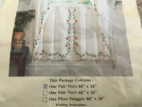 VINTAGE CURTAINS Cape Code Tiers Pair 60” X 24” Fruit White Cherries New Pretty