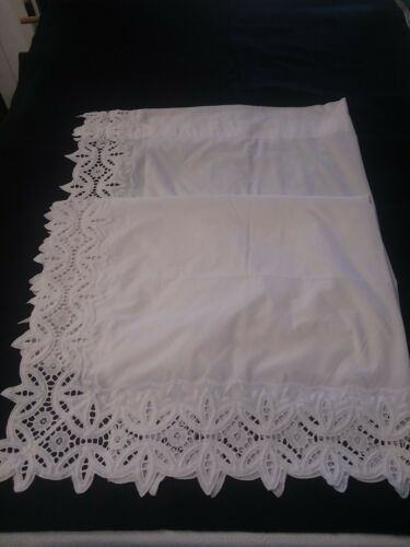 Vintage JCPenney White Curtain Panels Embroidered Cutout Trim Poly/Cotton 38x78
