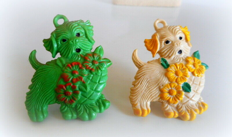Vintage 1940's Celluloid Dogs Shih-tzu Curtain Push Back Pins *Rare* Green/ Wht