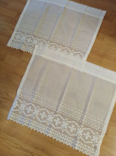 Vintage white lace curtains tiers, two panels 26 X 23