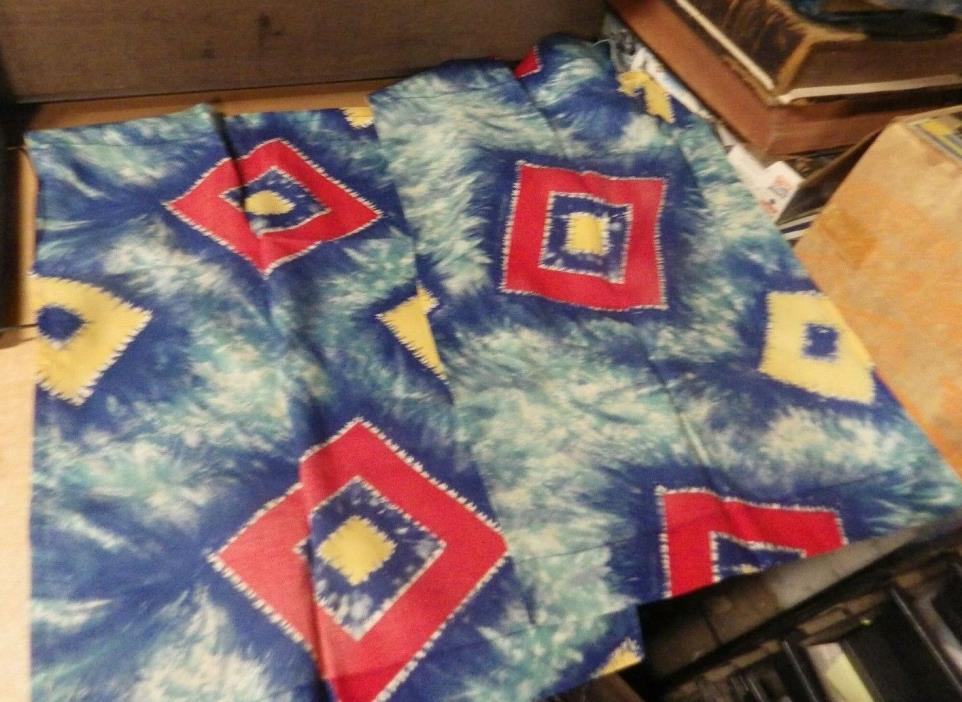 VINTAGE LOT OF 2 SETS OF GEOMETRIC BLUE STARBURST DESIGN HANDSTITCHED DRAPES