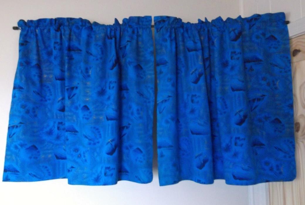 2 Curtain Panels Vintage Cafe Style Hawaiian Tapa Blue Gold w34