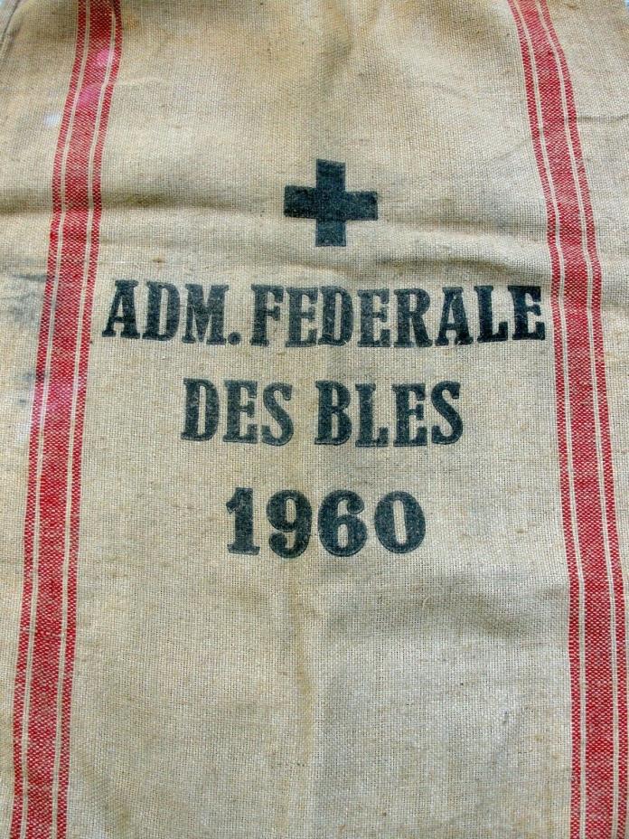 VINTAGE 1960 SWISS FEDERAL GRAIN ADMINISTRATION JUTE FLOUR SACK BAG HUGE SIZE