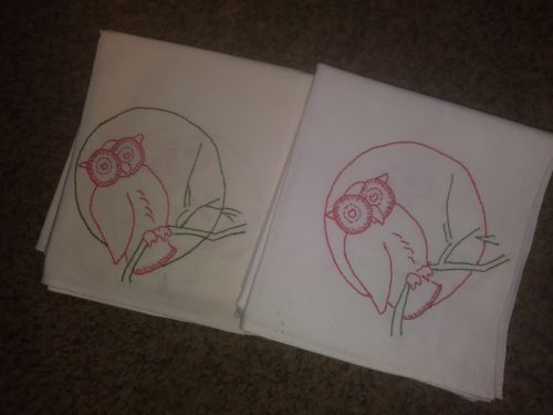 OWLS embroidery on FEEDSACKs for dishtowel or tablecloth set of 2