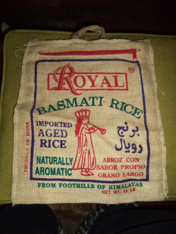 Empty Royal Basmati Himalayan 10 pound Rice Burlap Bag, Zippered w Handle