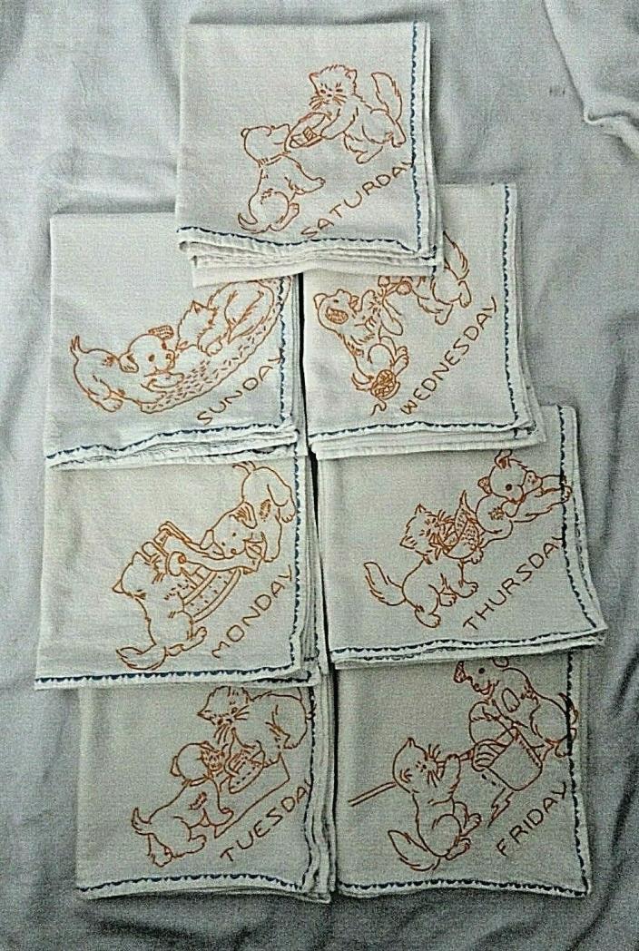 Vintage 7 Days Of the Week Flour Sack Dish Towels Set Embroidered 36