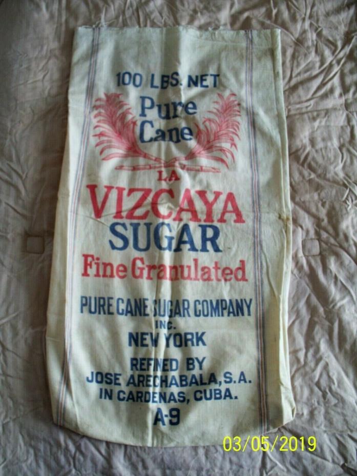 VTG Cane Sugar Muslin Feed Sack Red Blue 100lb Cotton