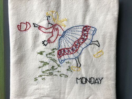 Vintage Embroidered 7 Daily Dutch Maid Flour Sack Kitchen Drying Decor Towels