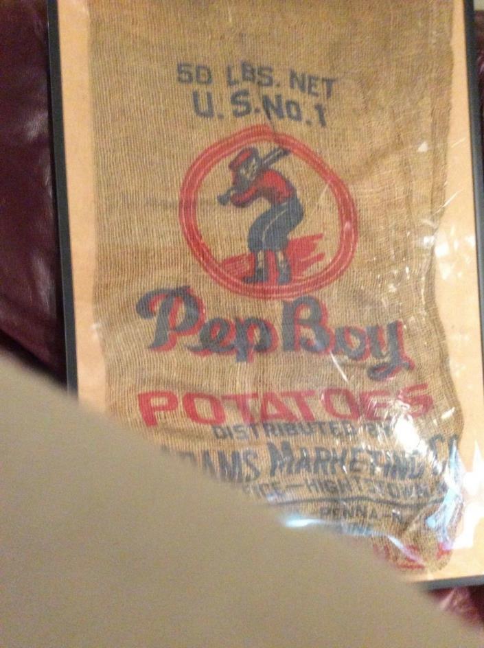 Vintage Adams PEP BOY Burlap Potato Sack Bag BASEBALL THEMED. 50 lbs