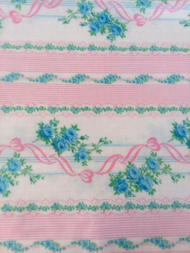 Vintage Unopened Feedsack Fabric 20x18 blue roses pink ribbons stripes