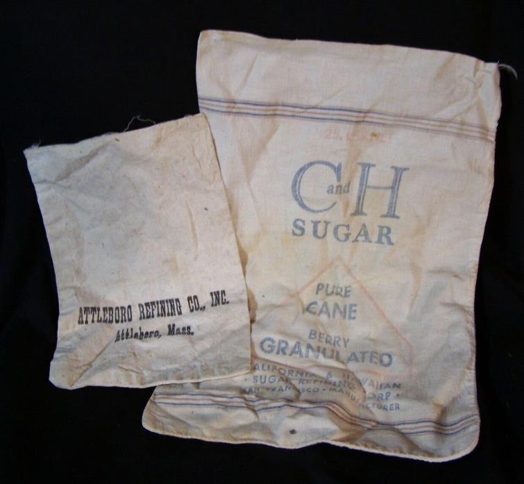 2 Vintage C&H Sugar Feed Sack Cloth Bag & ATTLEBORO REFINING COMPANY MA c1930