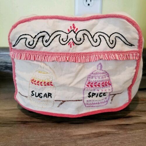 Vintage ‘60’s Hand Embroidered Toaster Cover 2 Slice Cream with Sugar Spice font