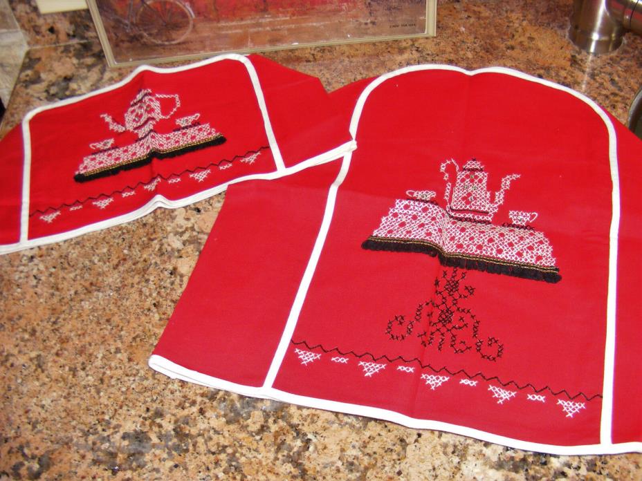 2 Vtg 1950s Cherry RED Hand Embroider Cross stitch TOASTER Appliance COVER COZY