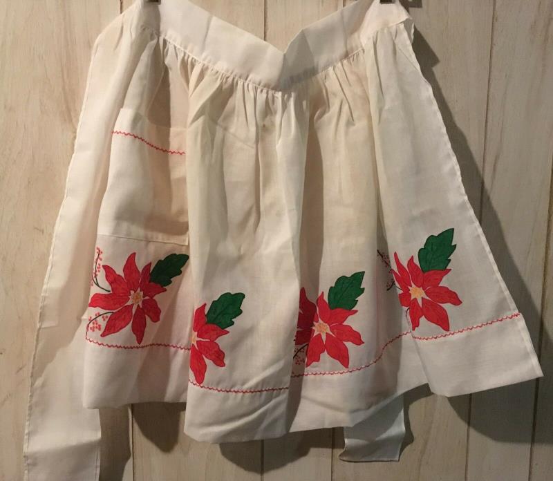 vintage  white  half apron with poinsettas and trimmed with embroidery-Christmas