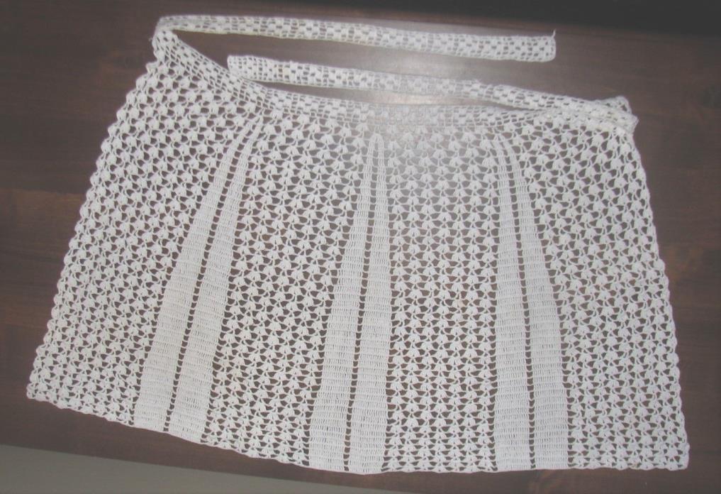 Vintage Crocheted WHITE APRON  with Crocheted Ties -- used