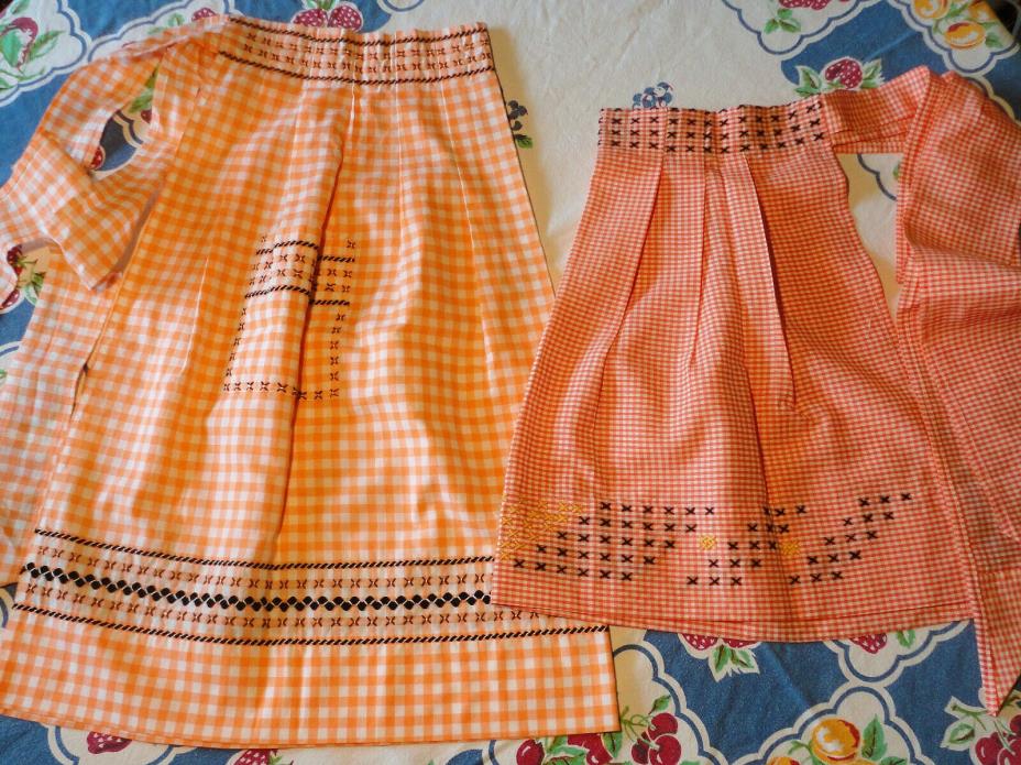 2 Vintage Style Mother and Daughter Orange Gingham Cross Stitch Half Aprons