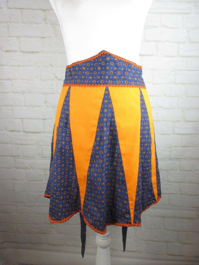 Vintage Handmade Kitchen Skirt Apron Orange and Navy Fall Rick Rack Tie Waist