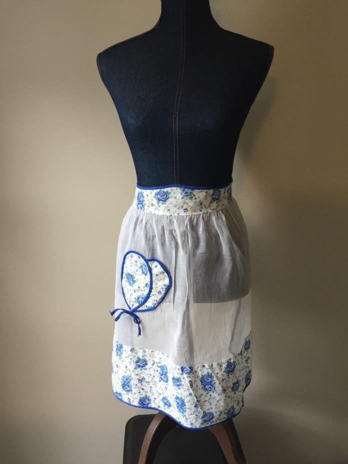 Vintage sheer hostess farmhouse half apron 1950's blue floral pocket detail