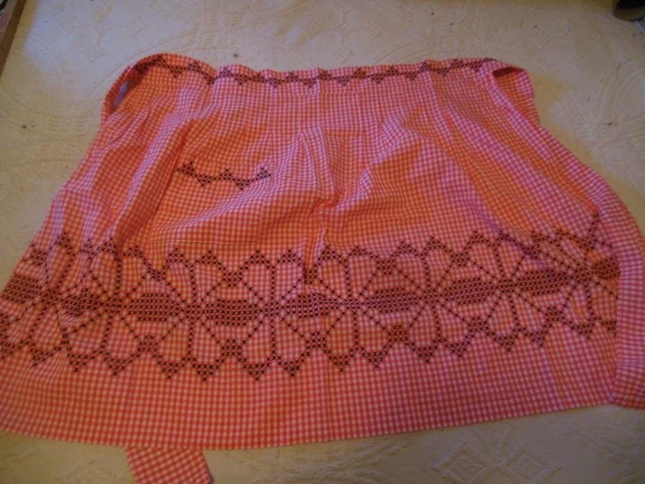VINTAGE APRON - RED AND WHITE CROSS STITCHED  TRIMMED