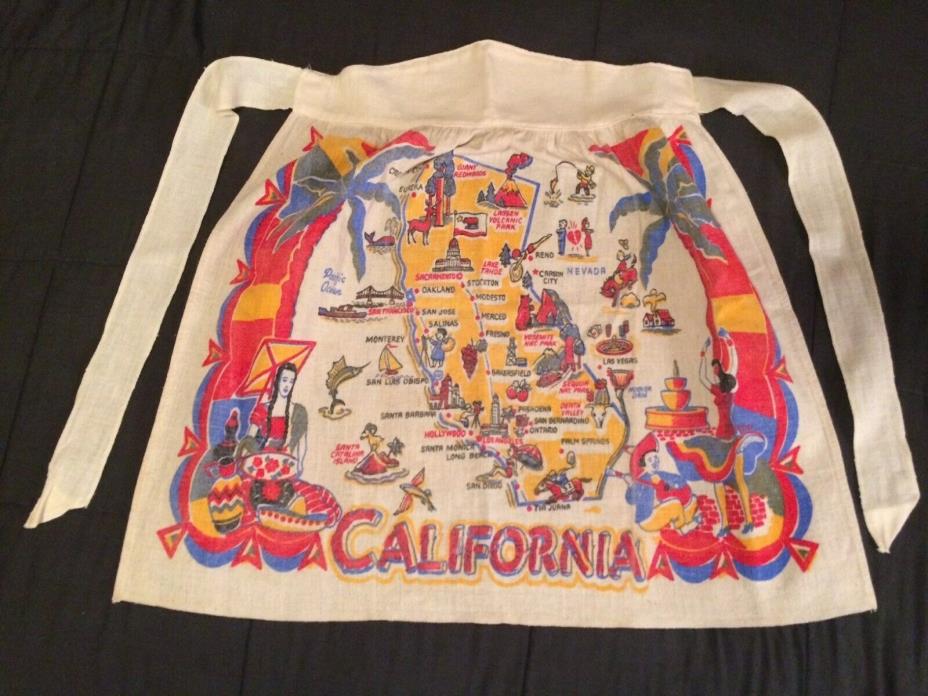 Vintage 1950s Apron Retro Kitchen California Map Souvenir Tea Towel 1960s