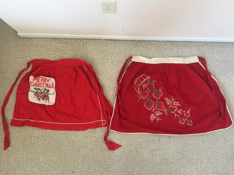 Vintage Christmas Half Aprons Lot of 2,  Christmas/Happy New Year & Strawberries