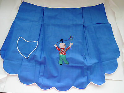 Vtg Blue Half  Apron Asian Chinese Applique Boy with Pigtail Embroiderered Kite