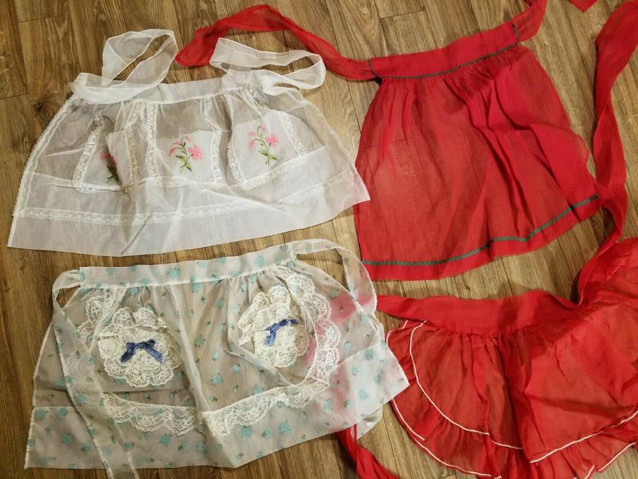 Vintage Mid Century Half Aprons Sheer Organza Ric Rac, Embroidery, Lace Lot of 4