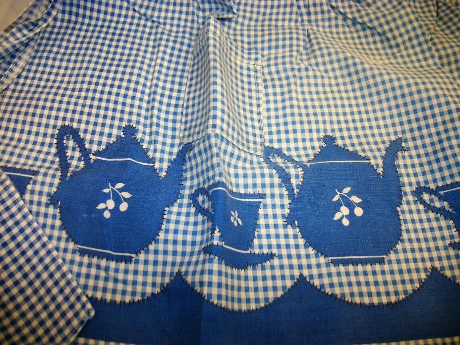 Vintage Half Apron - Blue White Gingham Check - Teapots with Cherries