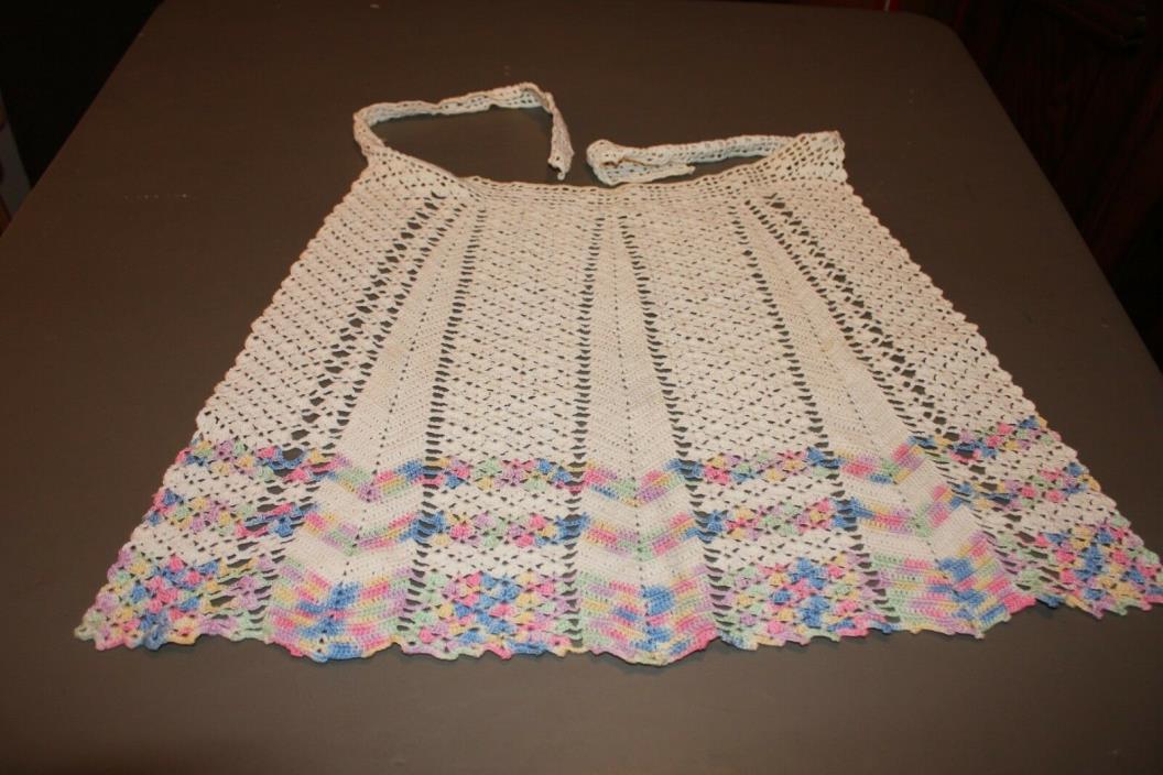 Vintage Crocheted Half Apron White With Varied Pastel Bottom Border