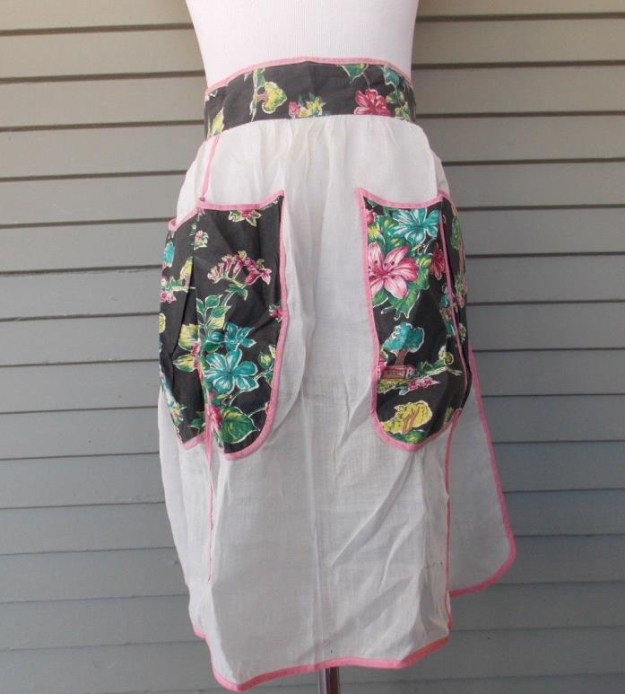 Vintage Mid Century White Sheer Half Apron Four Floral Pockets Seam Binding Trim