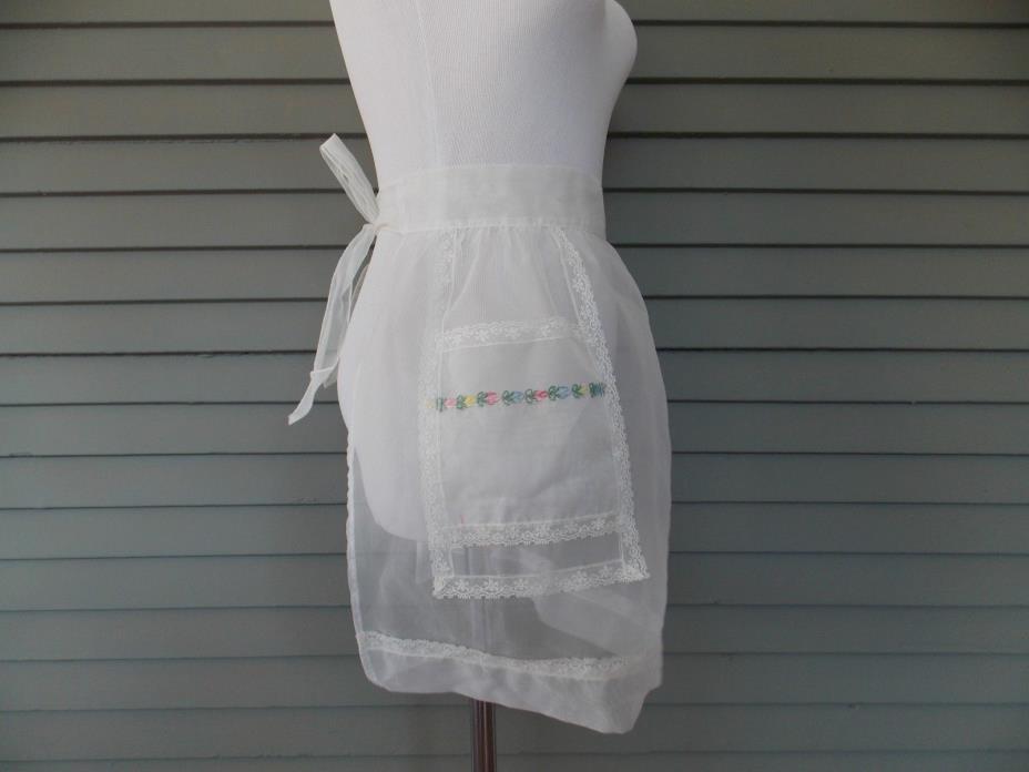 Vintage Handmade Half Apron Light Blue With Pocket Multi Colored Threads