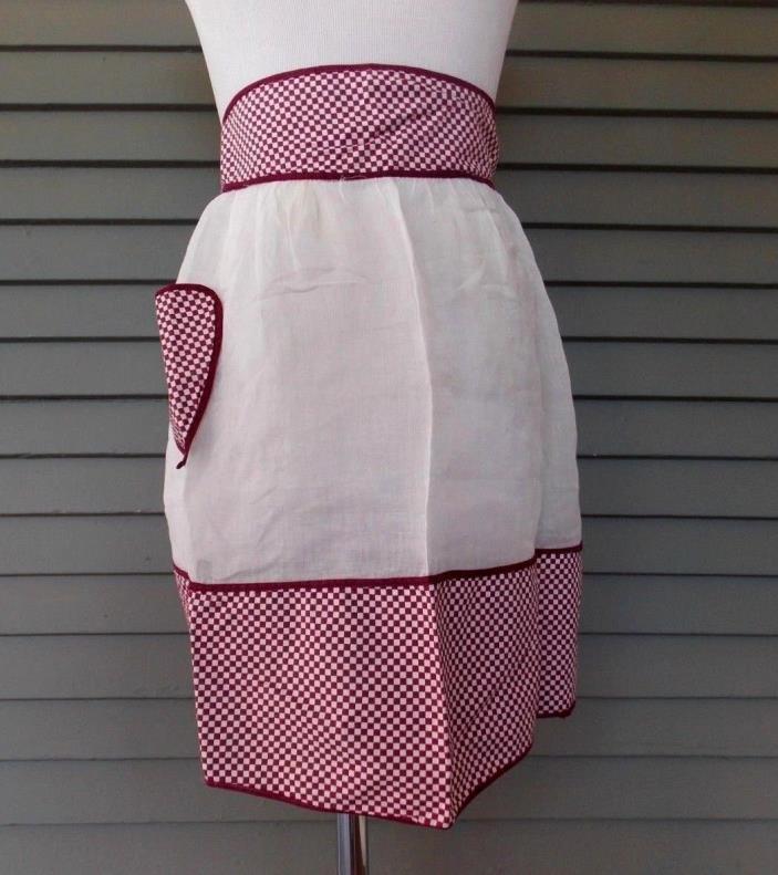Vintage Handmade Half Apron White Sheer Burgundy Check Trim and Pocket
