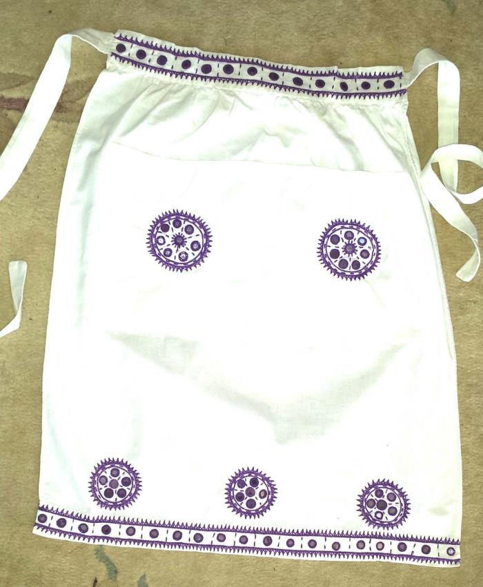 Vintage Hand Made White Apron with Purple Embroidery & Silver Bangles