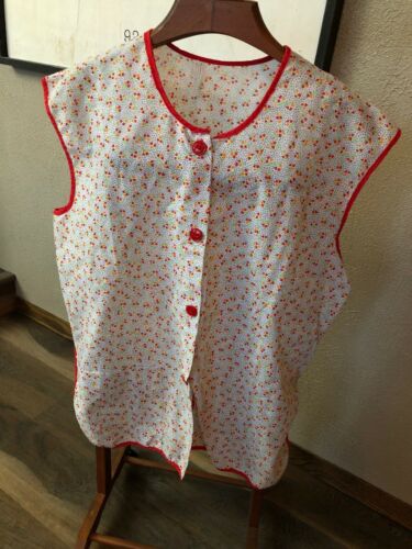 Vintage Retro Floral Button Down Kitchen Apron Smock Tulips Red Trim With Pocket