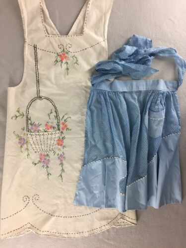 2 Vintage Handmade Aprons Embroidered Bib and Blue Dotted Swiss Half