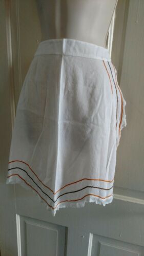 VTG sheer white and lace half apron with orange and brown ric rac and lace trim