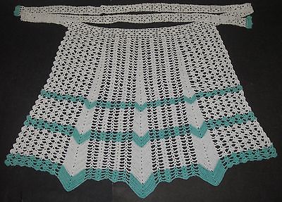 .Kitchen Textiles Half  APRON Hand Crafted Crocheted Chevron White/turquoise