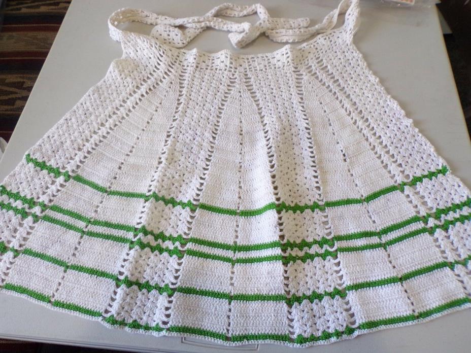Vintage Hand Crocheted White & Green Tie at Waist Apron