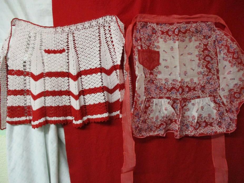 Vintage 2 Aprons red white Hand Crochet & Handkerchief