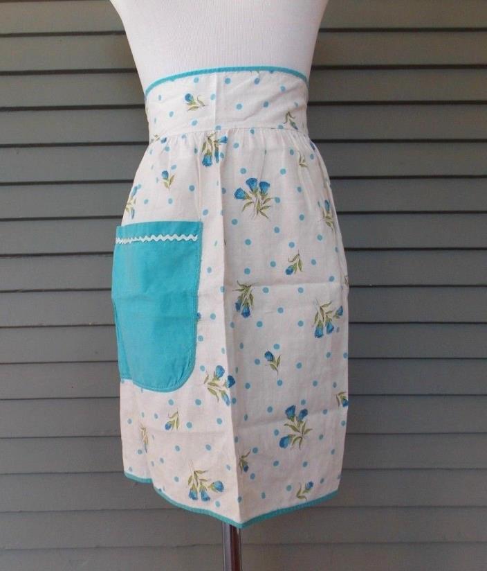 Vintage Handmade Half Apron White Blue Dot Flowers Ric Rac Trim Blue Pocket
