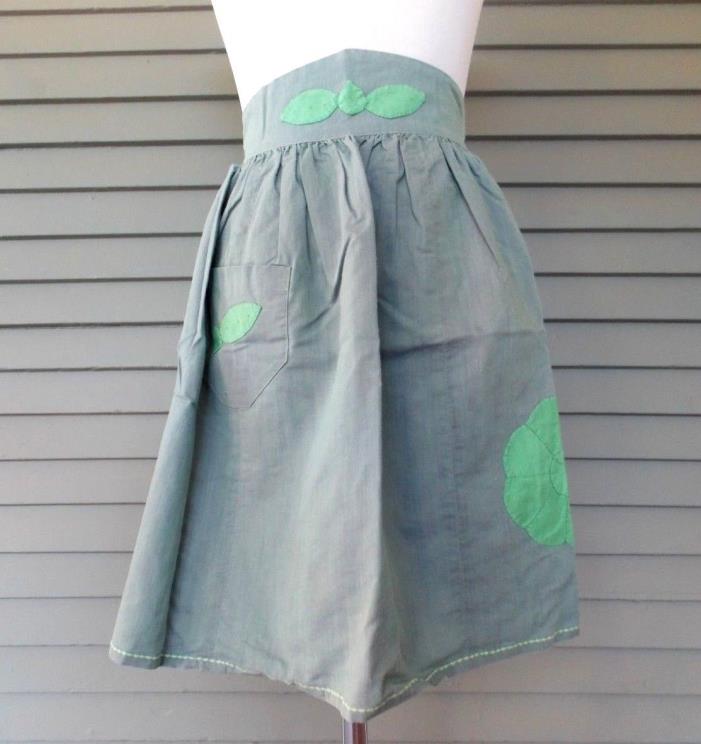 Vintage Handmade Half Apron Dusty Blue Green Applique Leaves Flowers