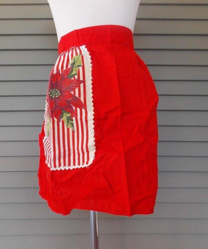 Vintage Christmas Handmade Half Apron Poinsettia Pocket on Red Ric Rac Trim