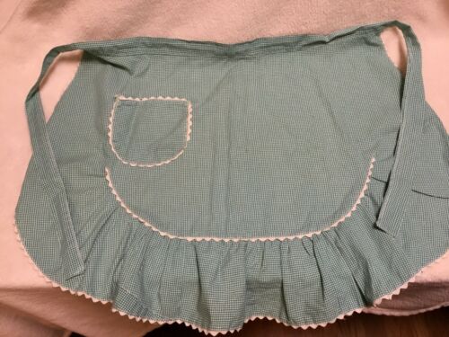 Vintage Homemade Apron Half Apron in Green and White Gingham with Rick Rack trim