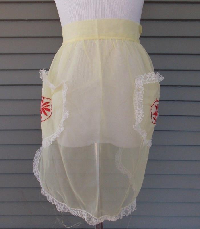 Vintage Handmade Half Apron Yellow Sheer with Red Floral Pocket Lace Trim