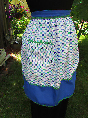 Vintage Cotton Print Apron with Shades of Blue and Green Butterflies & Rick Rack