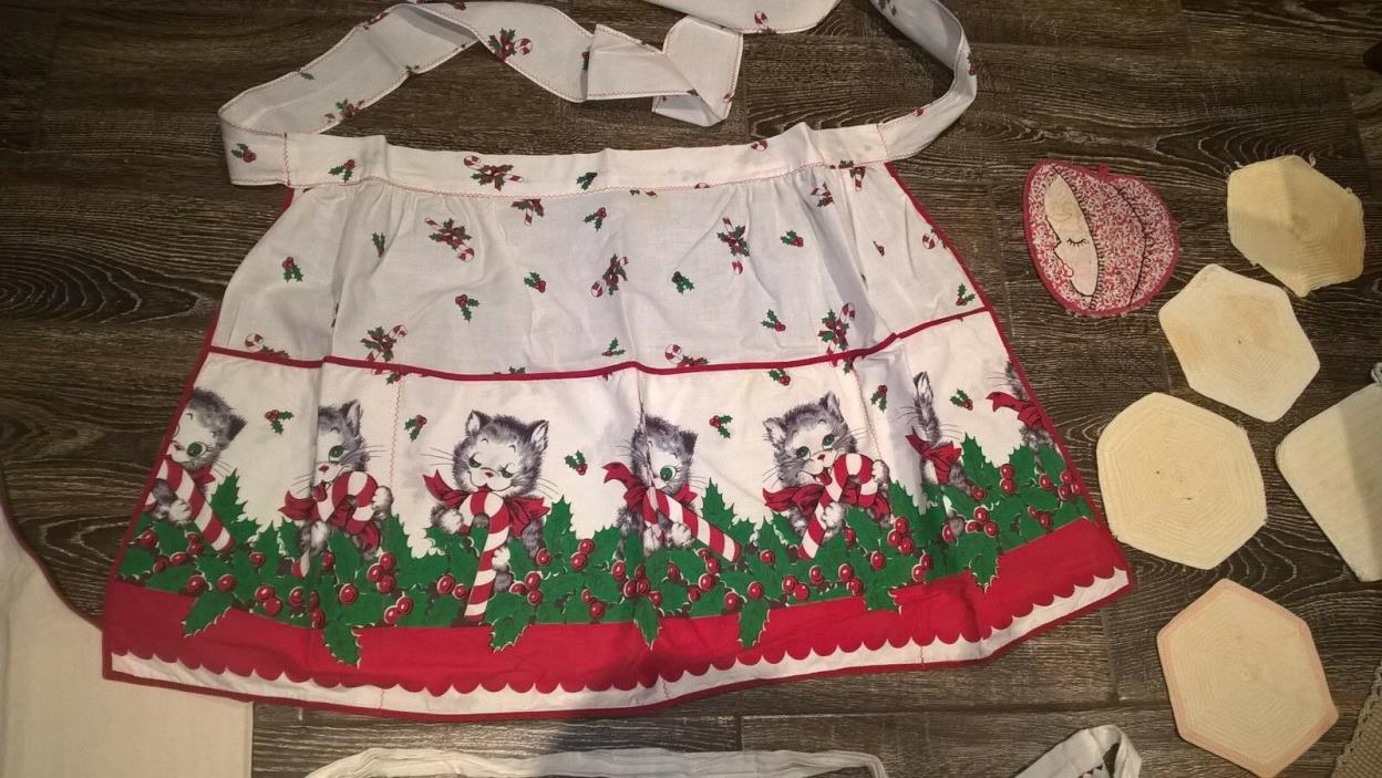 3 Vintage Aprons Kittens & Candy Canes Christmas, Geometric Design, Man's Comedy