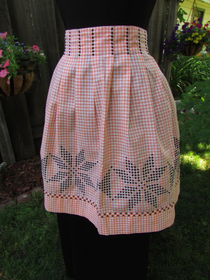 Vintage Peach and White Gingham Apron with Black Cross Stitching