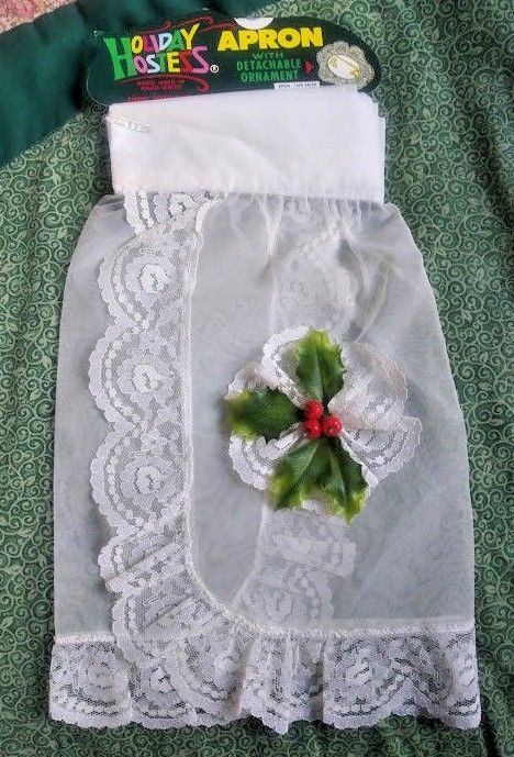 Vintage Holiday Hostess Apron detachable Christmas ornament rayon lace sheer